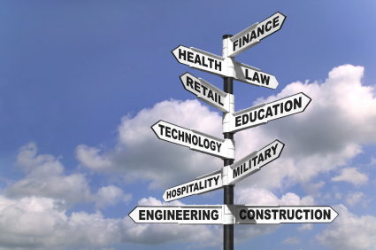 Concept image of a signpost showing the way to ten different career paths